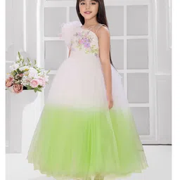 Tiny Kingdom Net Woven Sleveless Sequins Embellished Floral Designed Gown - Green image 4