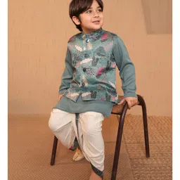 AJ Dezines Cotton Blend Woven Full Sleeves Solid Kurta Dhoti With Leaves Printed Jacket Set - Blue image 5