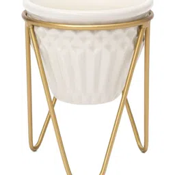 GLOBALLY INDIAN White & Gold Toned Textured Ceramic Planter With Stand image 3