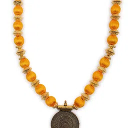 Akshara Women Gold-Toned & Yellow Handcrafted Long Brass Pendent Necklace image 3