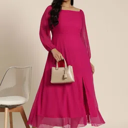 Qurvii+ Plus Size Solid Bishop Sleeve Fit & Flare Maxi Dress image 5