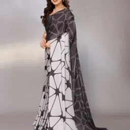 FABMORA Black & White Printed Saree with Unstitched Blouse image 3