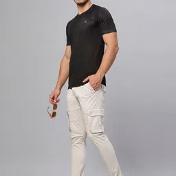 HO BINDAASS Men Textured Self Design Mid-Rise Cotton Cargos image 5