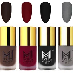 MI FASHION Highly Pigmented Velvet Matte Nail Paint Set Effortless Matte Top Colour 9.9mlCoffee, Mauve, Black, Grey (Pack Of-4) image 2