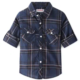 Babyhug 100% Cotton Woven Full Sleeve Check Regular Collar Double Pocket Shirt - Navy Blue-image-28