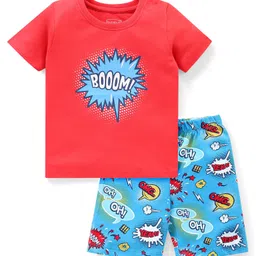 Babyhug Cotton Knit Half Sleeves Comic Printed Night Suit - Red-picture-10
