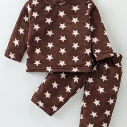 Kanvin Supersoft Extra Warm Velour Full Sleeves Winter Wear Night Suit With Star Print - Brown-picture-14