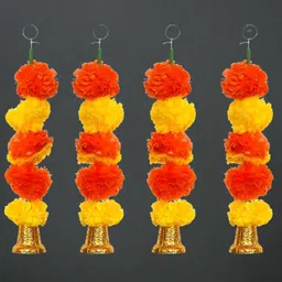 eCraftIndia 4 Pieces Yellow Artificial Marigold Flower Garland with Bells Hangings-picture-14