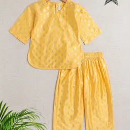The Magic Wand Jacquard Three Fourth Sleeves Floral Foil Printed Kurta & Coordinating Salwar Set - Yellow-picture-20