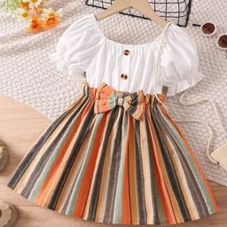 tior Half Puffed Sleeves Striped Bow Applique Dress - Orange-picture-10