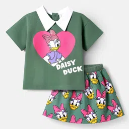 Babyhug Disney Single Jersey Knit Half Sleeves Overlapped T-Shirt & Skirt Set With Daisy Duck Graphics - Dark Green-picture-19