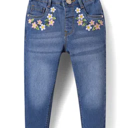 Babyhug Full Length Washed Denim Jeans withStretch & Floral Embroidery - Blue-image-89