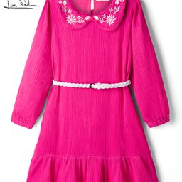 arias by lara dutta Arias Cotton Woven Full Sleeves Double Gauze Collar Floral Embroidered Dress With Belt - Pink-picture-17