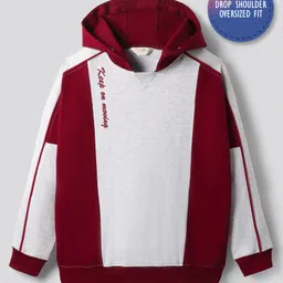 Primo Gino 100% Cotton French Terry Knit Drop Shoulder Full Sleeves Colour Block Hooded Sweatshirt With Front & Back Text Print - Maroon & Light Grey-picture-15