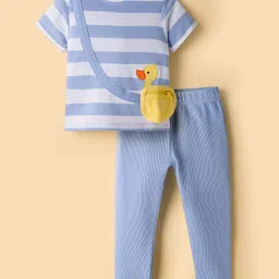 Babyhug Terry Knit Half Sleeves Top & Joggers Set with Pouch Applique & Stripes - Lavender & White-picture-20