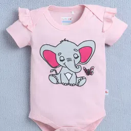 BUMZEE Cotton Half Sleeves Elephant Printed Onesie & Shorts With Headband Set - Pink & White image 3