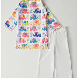 Bella Moda Cotton Woven Full Sleeves Elephants & Floral Printed Kurta Pyjama Set - White image 3