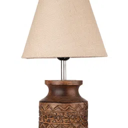 Green Girgit Wooden Carved Lamp with Taper Jute - White image 3