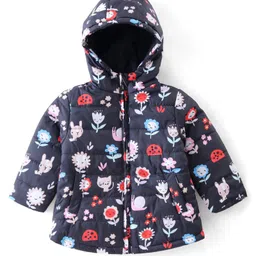 Babyhug Woven Full Sleeves Padded Hooded Jacket With Floral Print - Navy Blue image 3