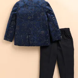 LITTLE COLLARS Velvet Woven Full Sleeves Floral Embroidered Sequins Embellished Party Suit With Pant Set - Blue image 4