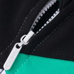 Pine Kids Cotton Knit Full Sleeves Cut & Sew Design Hooded Sweat Jacket with Kangaroo Pockets & Text Print - Green Black & Grey image 4