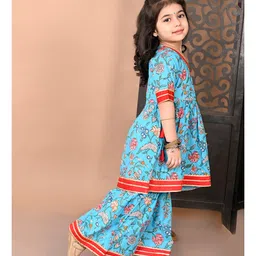 Superminis Cotton Half Sleeves Lace Embellished Floral Printed Kurta With Coordinating Sharara Set - Blue image 5