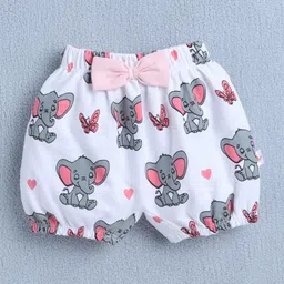 BUMZEE Cotton Half Sleeves Elephant Printed Onesie & Shorts With Headband Set - Pink & White image 5