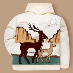 Cherry Crumble By Nitt Hyman Full Sleeves Deer Patch Detailed Light Winter Hooded Sweatshirt - Cream image 5