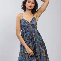 Label Ritu Kumar Blue Printed Fit & Flare Dress-picture-34