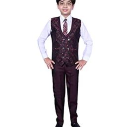 Pro-Ethic Style Developer Kids Wine & White Floral Full Sleeves Shirt, Waistcoat, Pants with Tie-picture-46