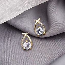 MYKI Stainless Steel Gold-Plated Cubic Zirconia Studded Teardrop Shaped Studs-picture-4