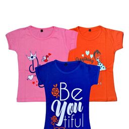 FAZZA Girls Pack Of 3 Typography Printed Round Neck T-shirt-picture-50