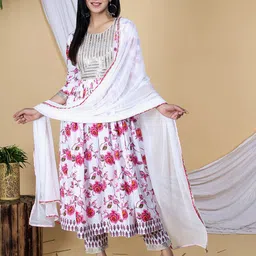ELVISH JAIPUR Floral Embroidered Sequinned Cotton Anarkali Kurta With Trousers & Dupatta-image-54