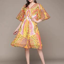 Label Ritu Kumar Yellow Printed A Line Dress-picture-0