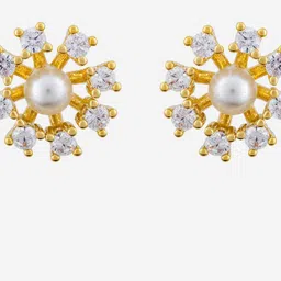 Kushal's Fashion Jewellery Gold-Plated Zircon Studded & Pearls Beaded Floral Studs image 3