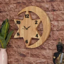eCraftIndia Brown Wood Star & Moon Designer Wall Clock image 2