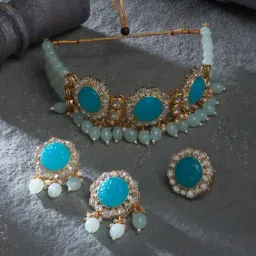Zaveri Pearls Green Stones Multistrand Beads Kundan Choker Necklace Earring & Ring Set-ZPFK16235-picture-16