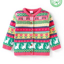 Babyhug Cotton Knitted Full Sleeves Front Open Sweater With Cat Design - Dark Pink-picture-11