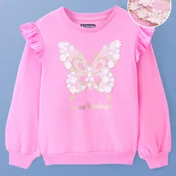 Pine Kids Cotton Knit Full Sleeves Drop Shoulder Sweatshirt with Abstract & Glitter Text Print - Pink-picture-25