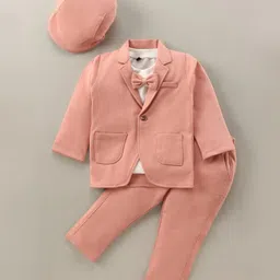 Robo Fry Knit Full Sleeves Striped T-Shirt & Trouser Set with Hat Blazer & Attached Bow - Peach-picture-10