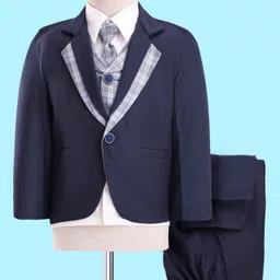 Rikidoos Full Sleeves Checked 4 Piece Party Suit With Tie - Navy Blue image 1