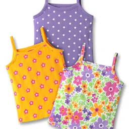 Babyhug 100% Cotton Single Jersey Knit Sleeveless Antibacterial Slips With Polka Dots & Floral Print Pack Of 3 - Yellow Light Green & Purple-picture-31