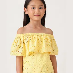 One Friday Cotton Woven Off Shoulder Sleeves Scfilli Embroidered Top - Yellow-picture-25