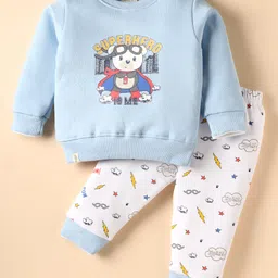 Ollypop Fleece Knit Full Sleeves Superhero Teddy Printed Winter Night Suit With Diaper Pant - Light Blue-image-48