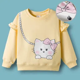Mark & Mia Terry Knit Full Sleeves Oversized Sweatshirt with Kitty Graphic & Frill Detailing - Yellow-picture-32