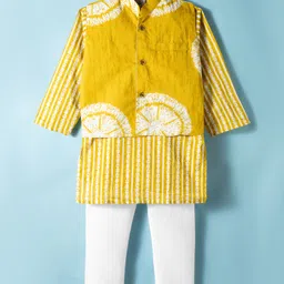 Teentaare Cotton Woven Full Sleeves Kurta & Pajama Set With Printed Nehru Jacket - Yellow & White-picture-31