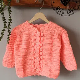 Woonie Hand Knit Full Sleeves Self Designed Crochet Cardigan - Peach-image-10