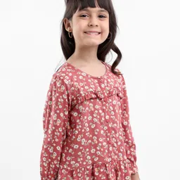 Babyhug Full Sleeves Rayon Top With Floral Print And Frill Detailing- Brown image 2