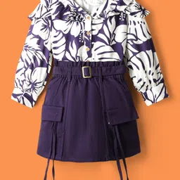 OLLINGTON ST. Rayon Woven Full Sleeves Front Open Top & Cotton Twill Skirt with Leaf Print & Frill Detailing - Multicolor & Purple image 2