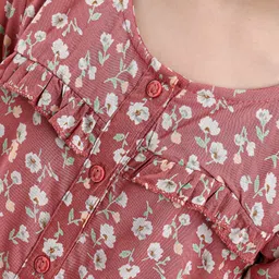 Babyhug Full Sleeves Rayon Top With Floral Print And Frill Detailing- Brown image 4